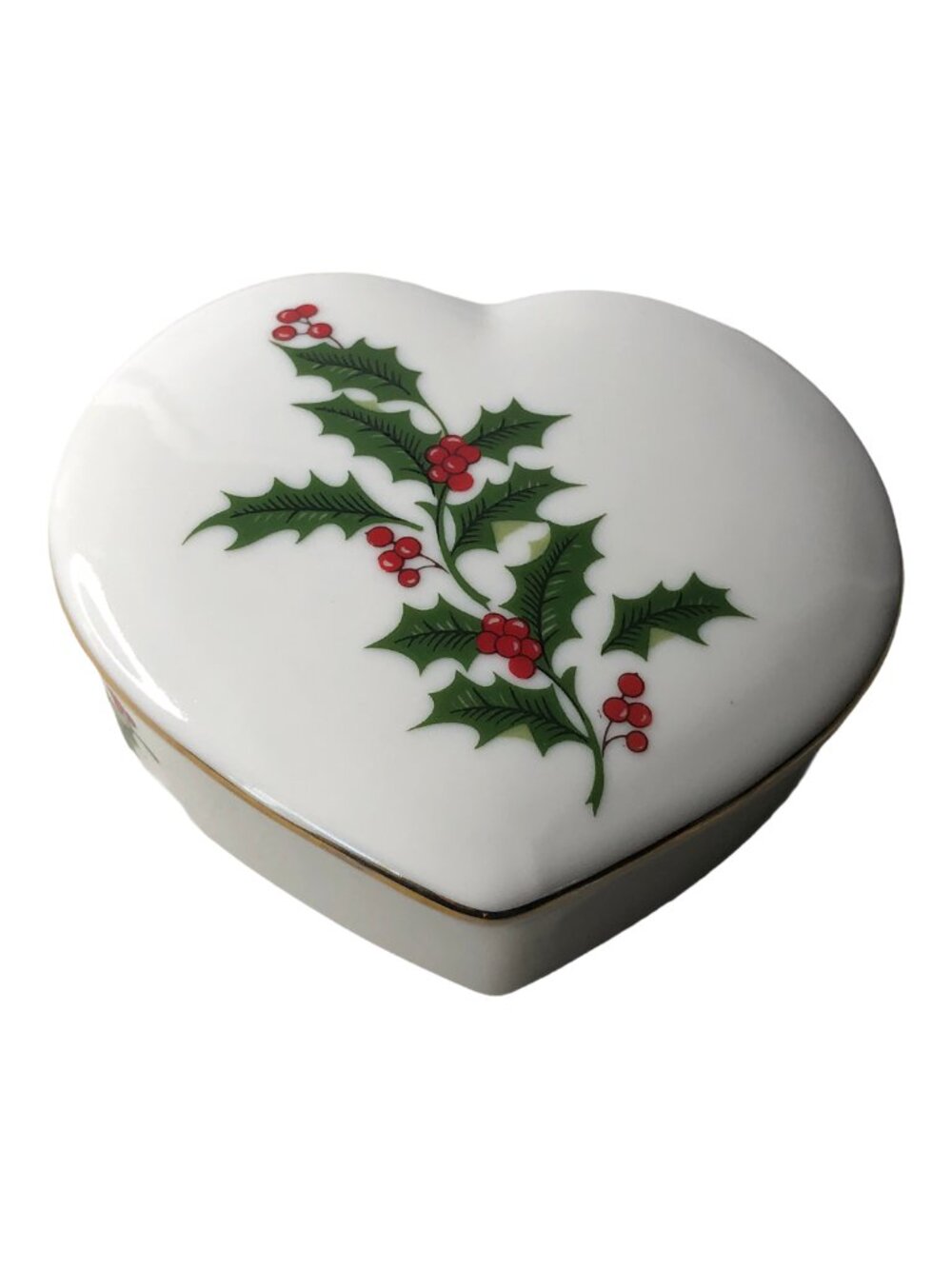 Vintage All The Trimmings Porcelain Heart Shape Box With Lid Christmas Holly